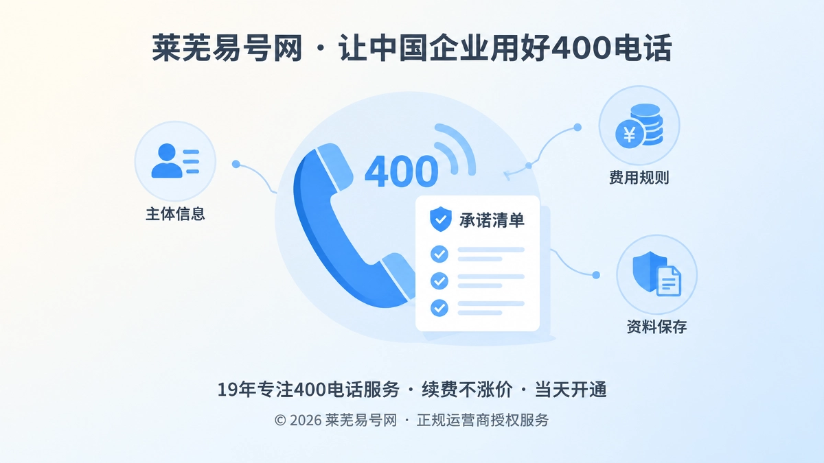 聚焦式扁平插画：400电话听筒与可核验承诺清单，代表企业通信服务诚实守信